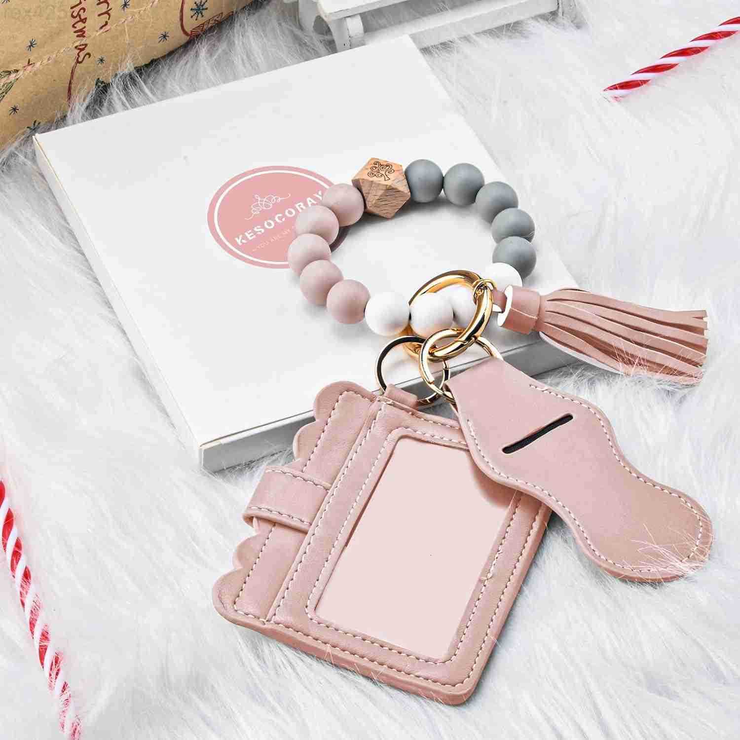 Women Wristlet Bracelet Keychain WalletSilicone Beaded Bangle Keyring TasselW250911