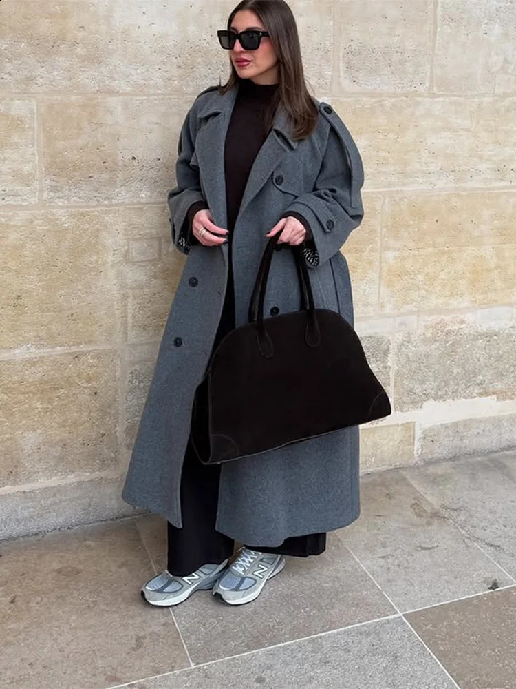 Belts Double Breasted Womens OverCoat Elegant Laple Pocket Full Sleeve Female Coat Autumn Winter Fashion Lady Outwears 250911