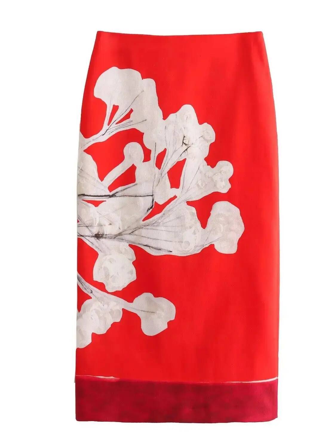 Women's Fashion 2024 Linen Blended Pencil High Waist Zipper Contrasting floral Printed Hem Slit Female Midi Skirt dongdumaoyi