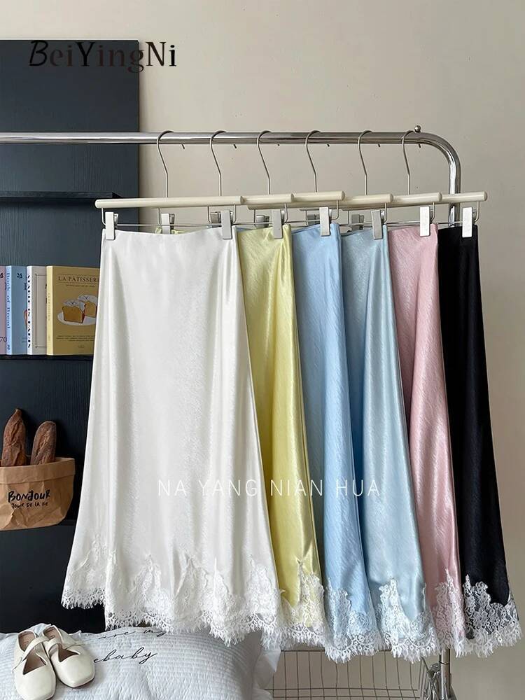 Beiyingni French Elegant Satin Mermaid Skirt Women Spring Summer Lace Patchwork Pack Hip Long A-line Skirts Office Ladies Faldas dongdumaoyi
