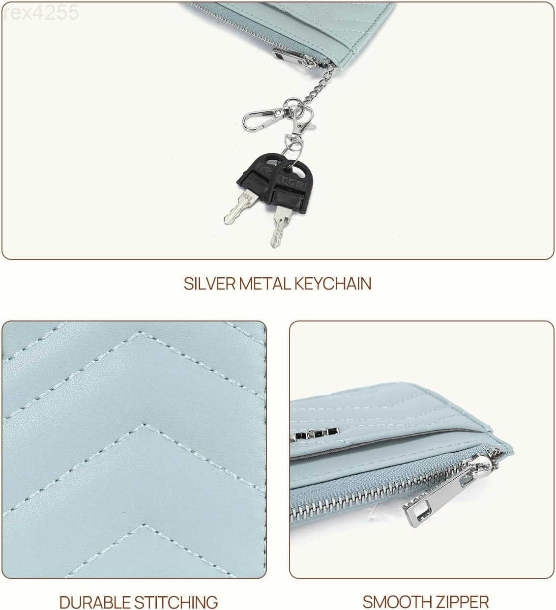Slim Wallet Women RFID Blocking Credit Card Holder Leather Coin Purse with Silver Keychain BlueW250911
