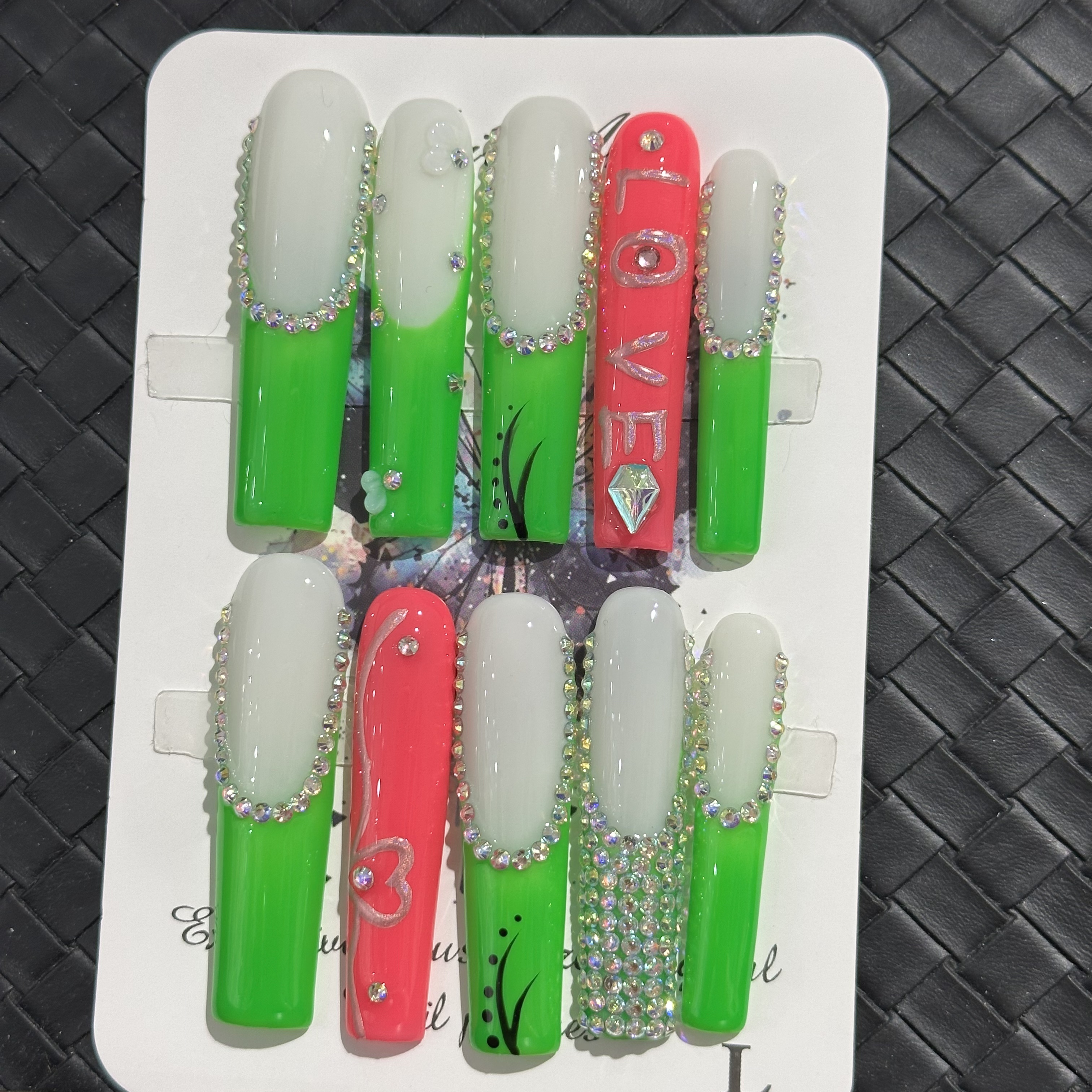Fake nails, green pink French diamonds, hand drawn, trendy and fashionable, European and American ins style, extra long, handmade