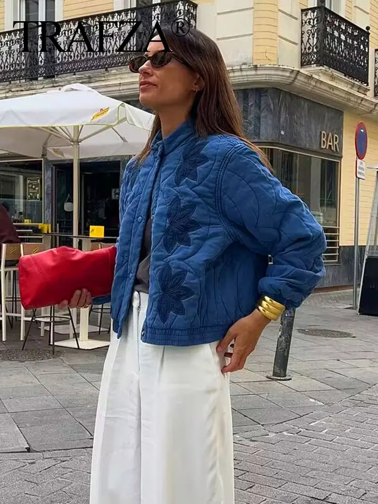 TRAFZA Woman Coats Quilted Floral y Long Sleeves Single Breasted Jacket Winter Streetwear Womens In Outerwear 250911