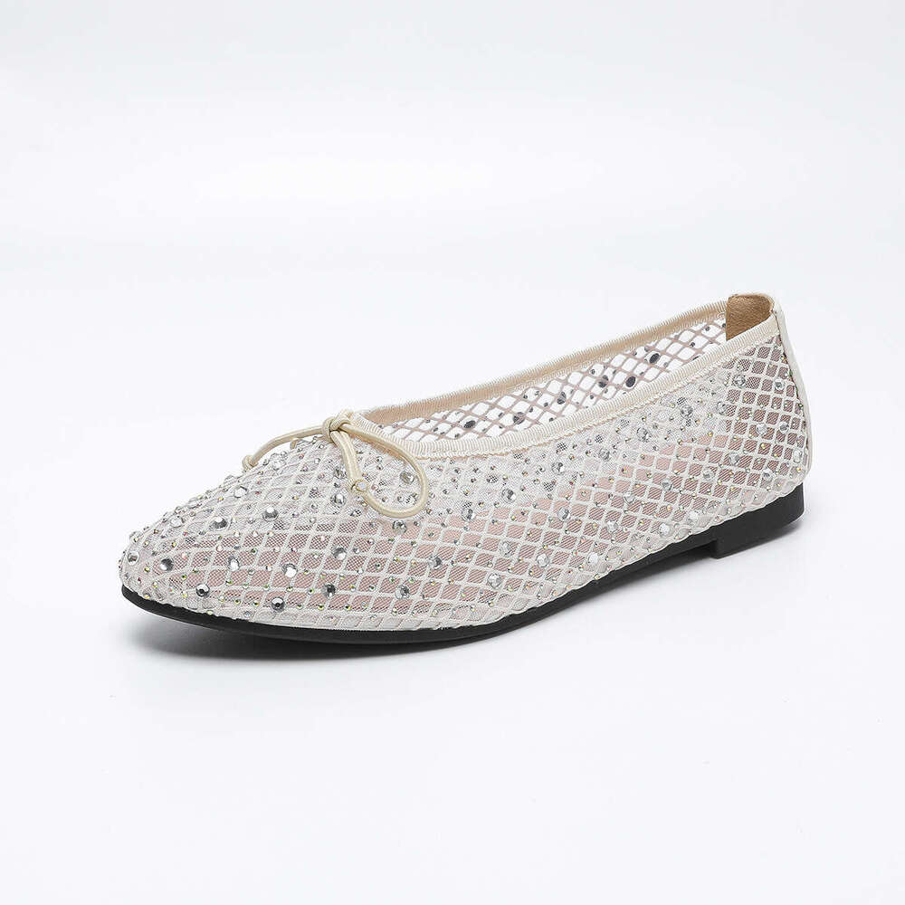 35-43 Plus Size Women's Round Toe Shallow Mouth Non-Slip Flat Shoes Mesh Designer Shoe with Rhinestones Bowknot Breathable