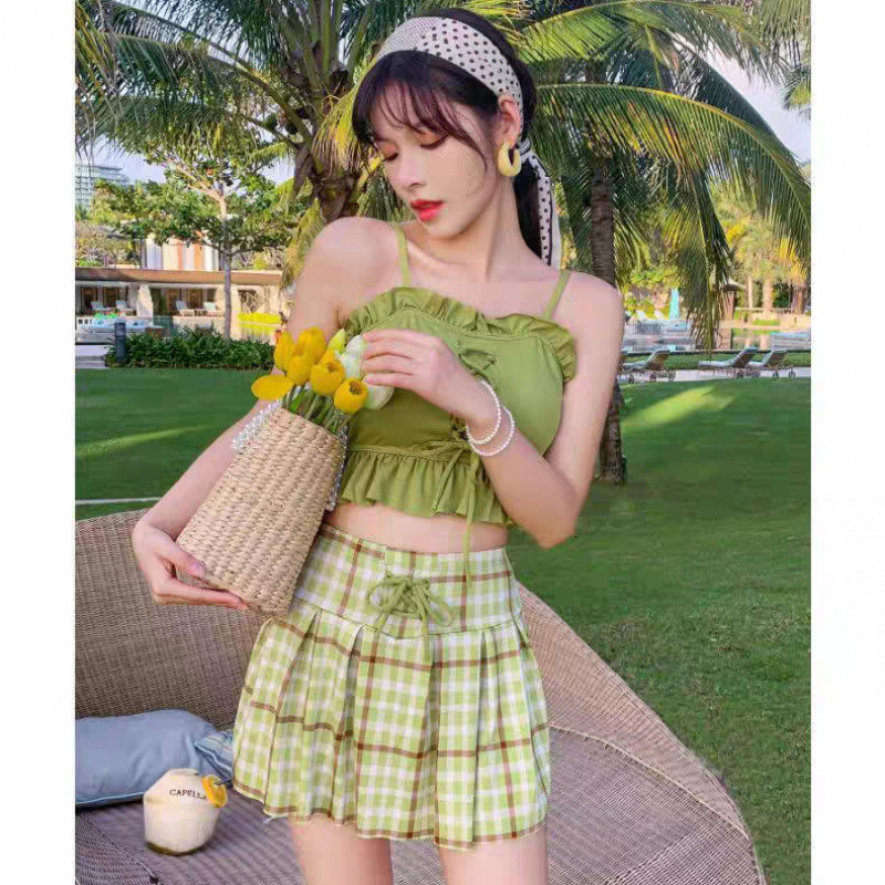 Korean Cute Fresh Plaid Skirt Style Two-Piece Bikini Small Chest Slimming Student Conservative Swimsuit