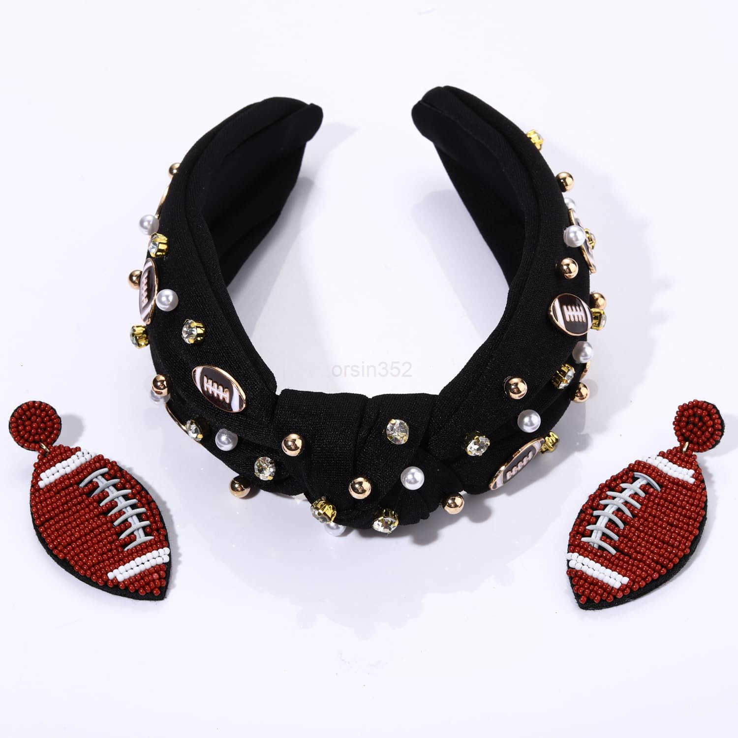 Knotted Headband Rhinestone Crystal Jeweled Baseball Charm Wide Headband Headpiece Fun Baseball Beaded Dangle Earrings for Women Spring Summer Game Da