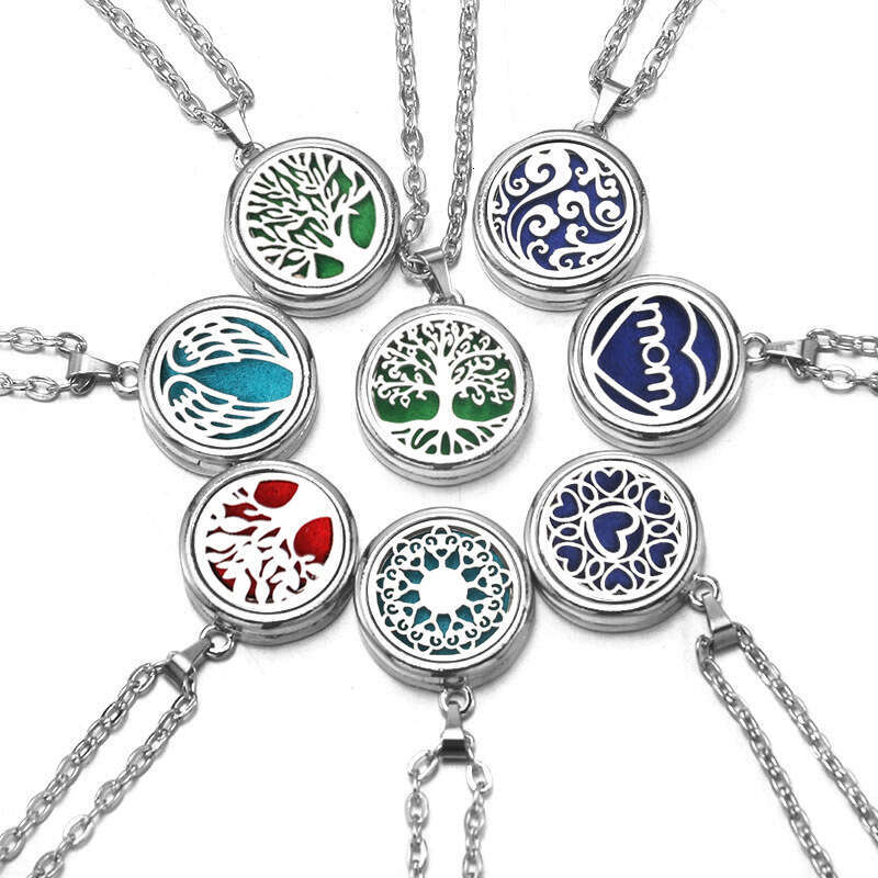 Fashion Tree of Life Aromatherapy Essential Oil Necklace Stainless Steel Diffuser Perfume Pendant Small Box Jewelry Gift
