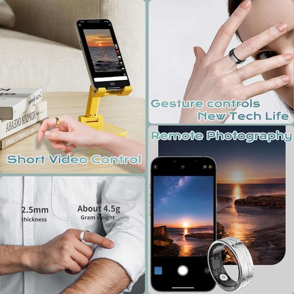 Jawploy Smart Sleep Tracking Heart Rate Monitor Pedometer, Waterproof Activity Tracker Fiess Ring Steps Counter, Gesture Controls for Short Video, 8 D