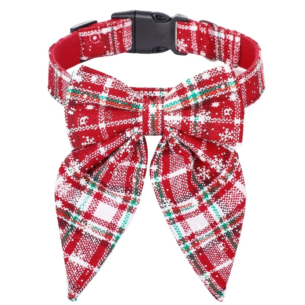 Christmas Dog Collar with Bow Adjustable Cotton Red Green Plaid Bowtie Dog Christmas Collars for Small Medium Large Dog