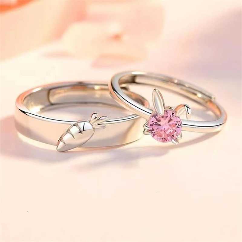 New Sweet Cute Rabbit Carrot Couples Rings WhitePink Crystal Bunny Silver Color Adjustable Open Lovers Ring For Women Gift W250911