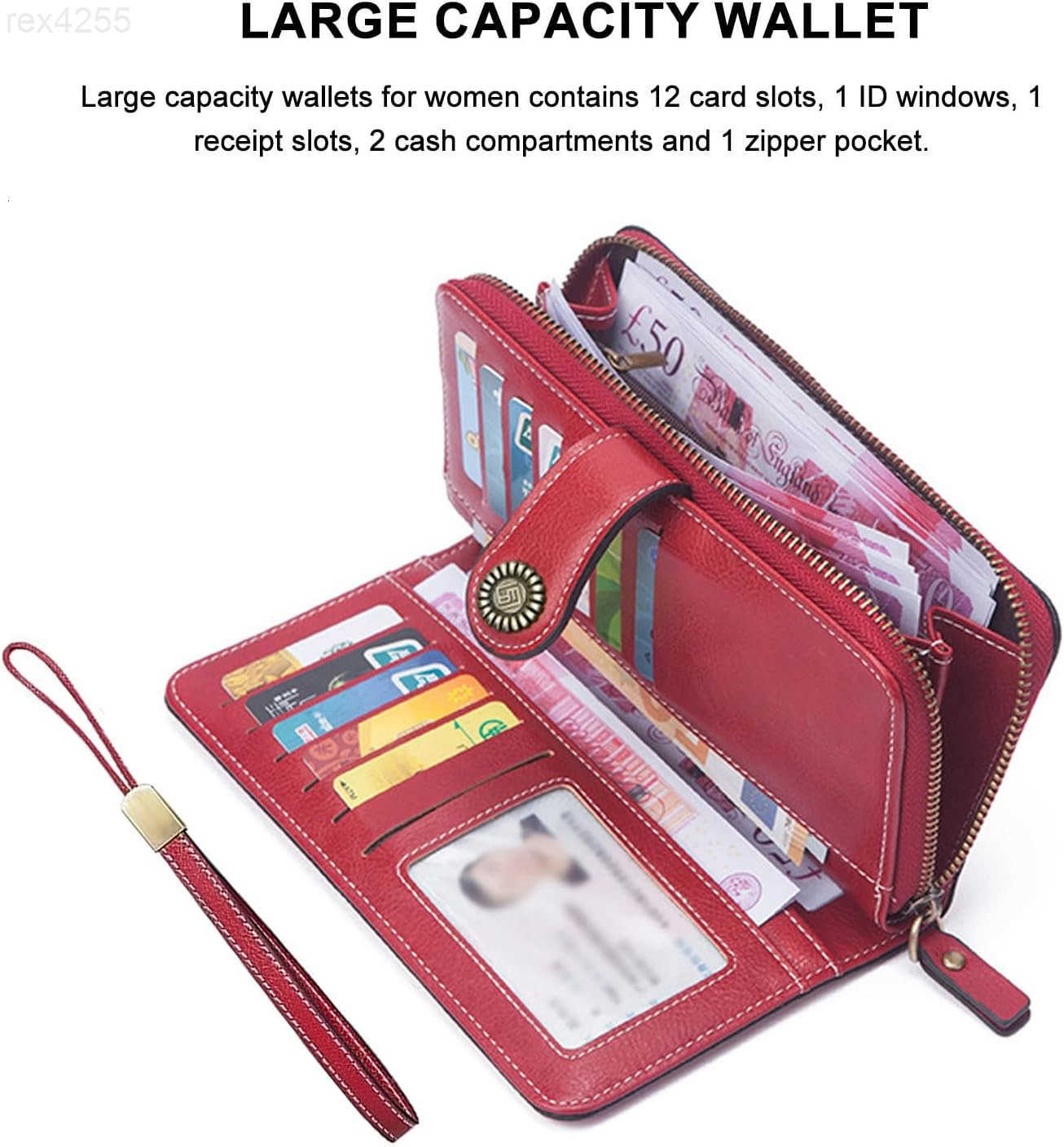 Red Wallet for Women PU Leather Large Capacity RFID TriFold Wallets with Wrist Strap and Zipper for Hold Credit CardsCell PhonesKeys Girlfriends Mothe