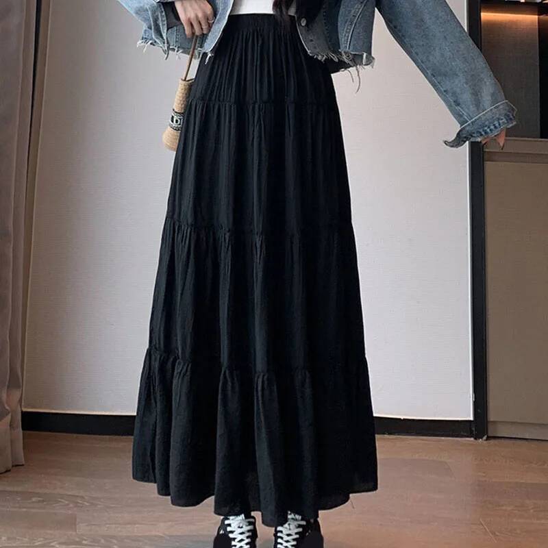 Spring Summer Women Long Fashion High Waist Elastic Patchwork A-Line Skirt Casual All-Match White Cake Maxi Skirts Female dongdumaoyi