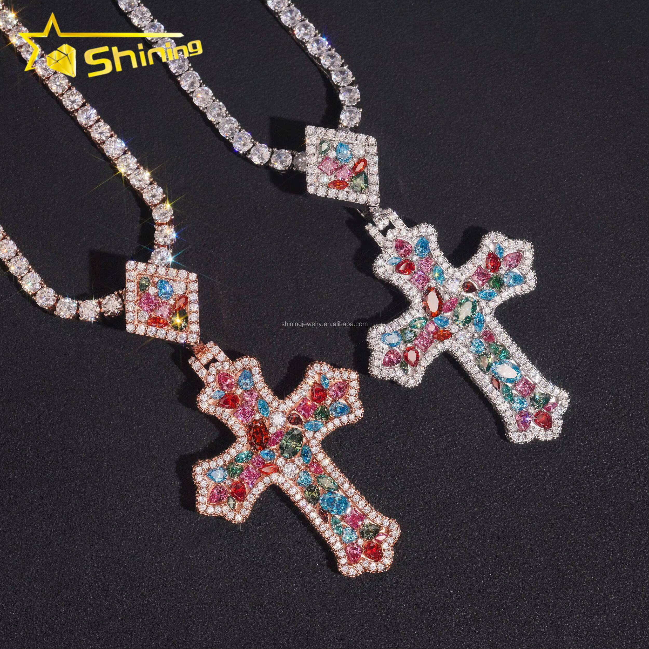 Pass Diamond Tester 100 Hip Hop Stylish Rapper Jewelry Colorful Pear Moissanite Diamond S925 Silver Iced Out Man Cross Pendant