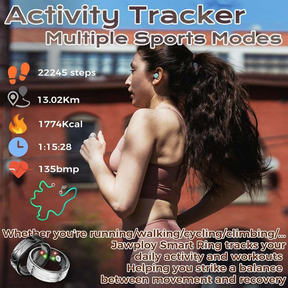Jawploy Smart Sleep Tracking Heart Rate Monitor Pedometer, Waterproof Activity Tracker Fiess Ring Steps Counter, Gesture Controls for Short Video, 8 D