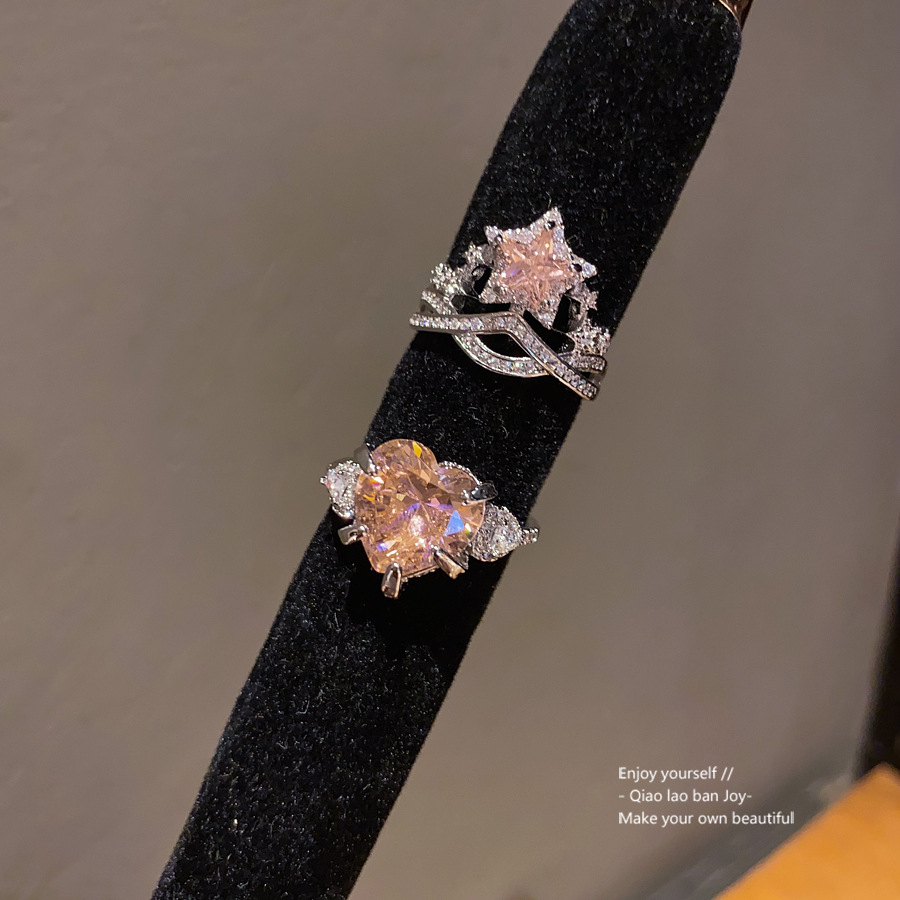 Silver - Toned Ring With Pinkish Orange Heart - Shaped Crystal, Accent Stones Detail Delicate Daily & Elegant Jewelry Gift For Her High - Quality And 