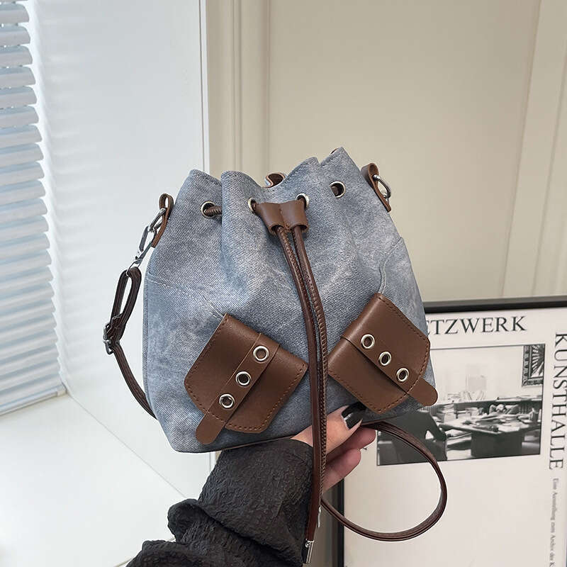 Personalized Simple Crossbody Bucket for Women 2025 Autumn New Korean Style Bowknot Fashion Designer Bags Drawstring Patchwork Shoulder Bag