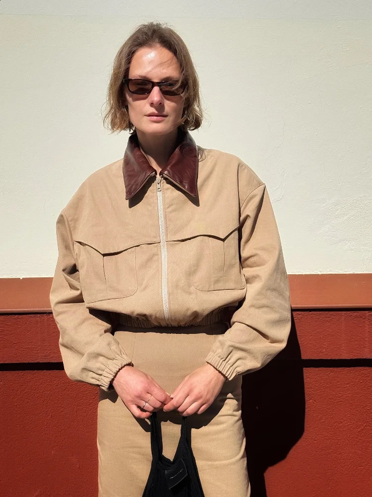 Autumn Patchwork Lapel Long Sleeve Women Jackets Fashion Zipper Turn Down Collar Coats Lady Chic Pockets Outerwear Street 250911