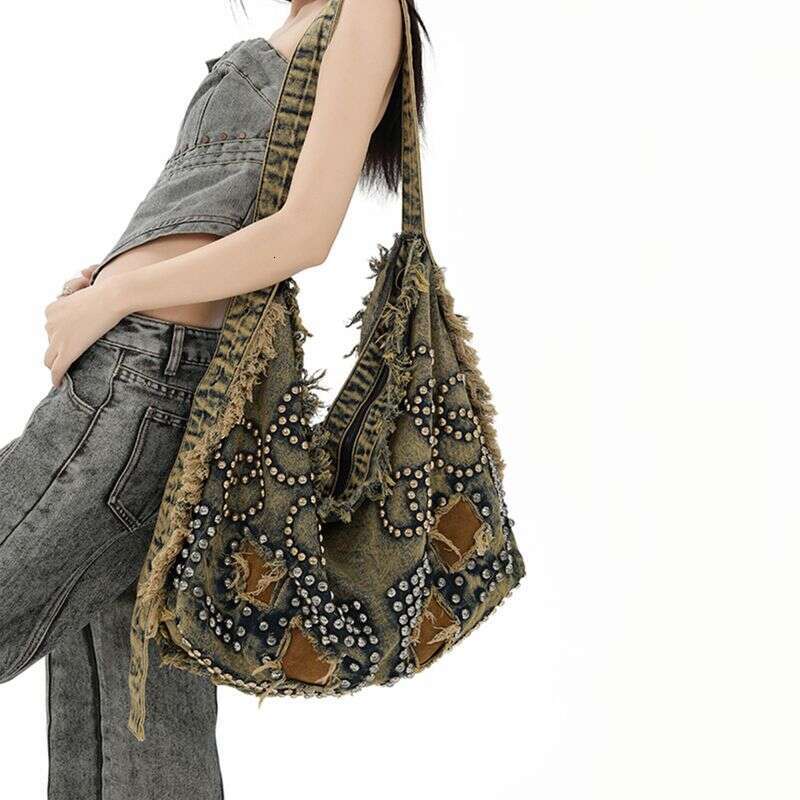 2025 Denim American Fashion Rivet Design Crossbody Bag