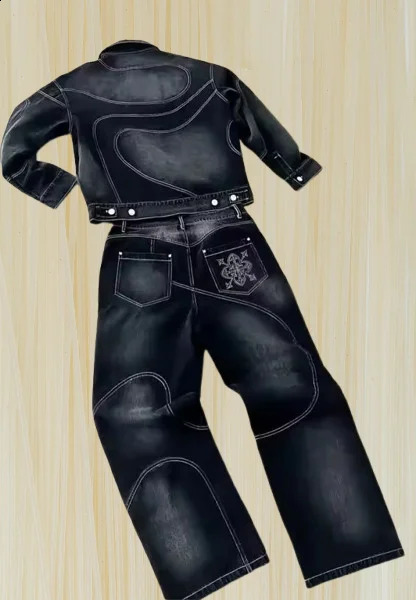 Streetwear Vintage Denim Suit Jacket Jeans Two Piece Y2K Mens Hip Hop Patchwork y Baggy Button Coats 250911