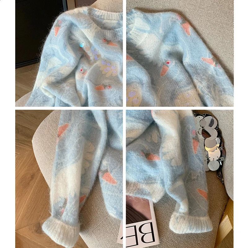 Blue Sequined Beaded Mohair Womens Autumn and Winter Gentle Lazy Wind Soft Waxy Tiedyed Knitted Sweater 250911