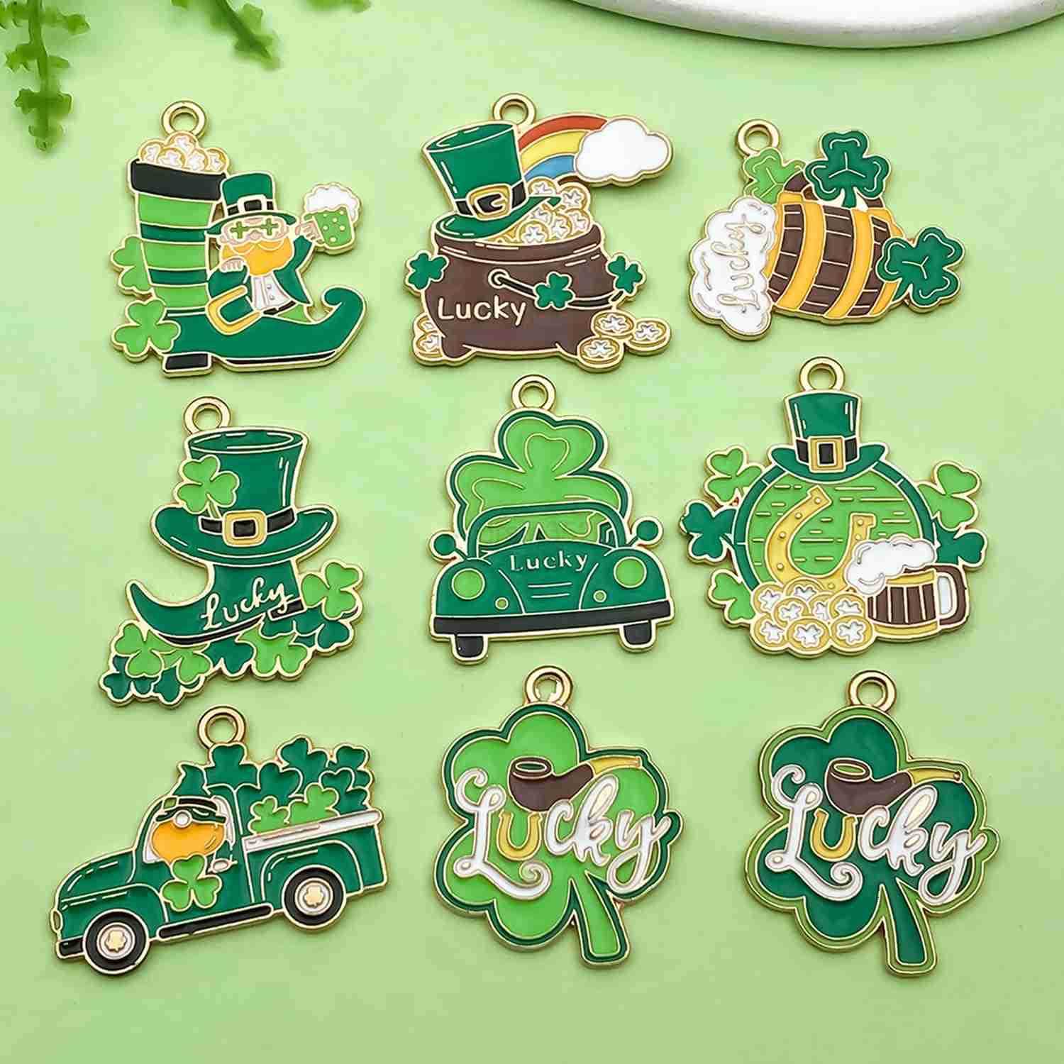 18pcs Alloy enamel green Irish Festival St Patricks Day clover carriage beer glass Jewelry Making DIY Keychain Earrings Pendant Various Design Charms 