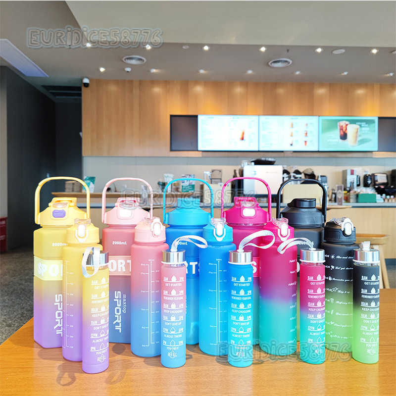 Large Capacity Pet Plastic Cup Gradient Threepiece Set Double Drinking Straw Water Cup Outdoor Sports Portable Handle Cold Water Bottle H250911