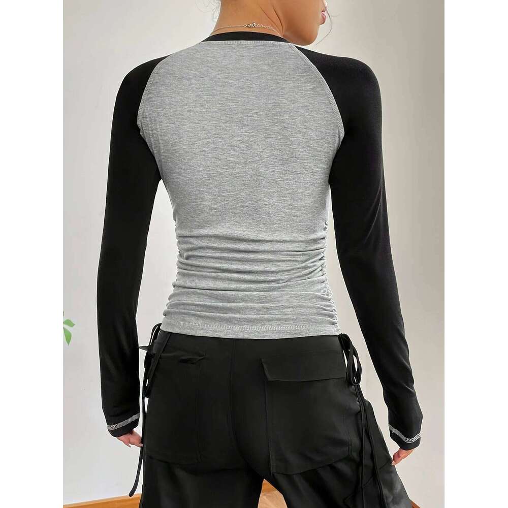 Women Slim Fit T Shirts Holiday Party Crop Top Y2k Long Sleeve Korean Haruku Kpop Graphic Patchwork Tee