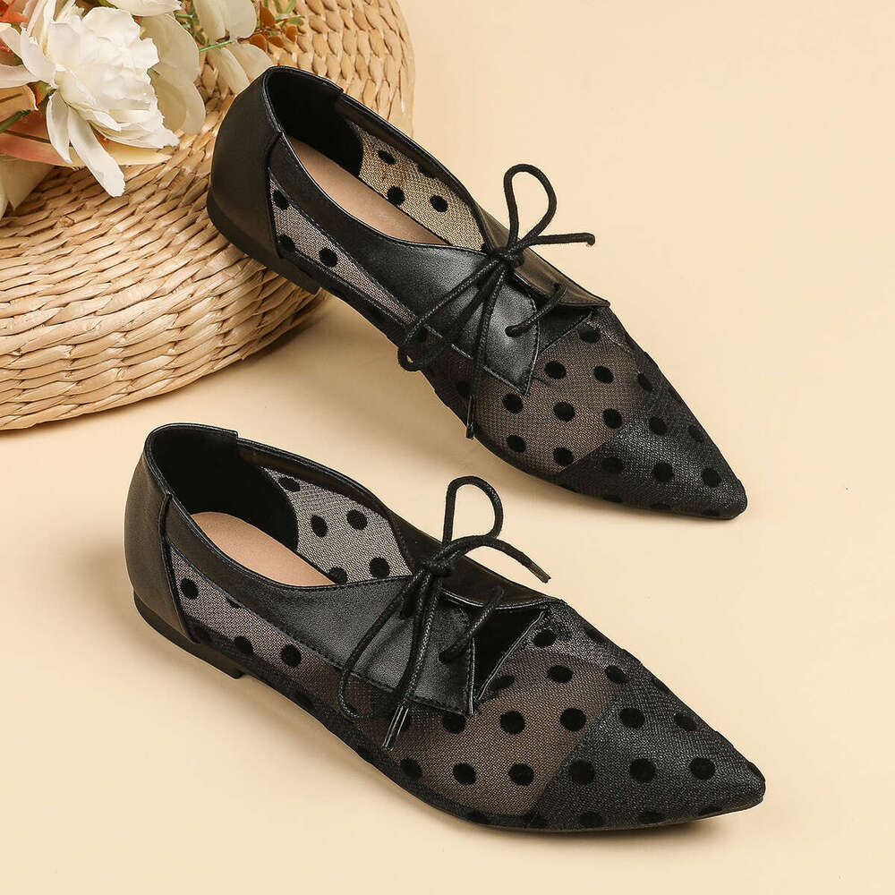 Large Size Designer Shoe 35-45 Pointed Toe Mesh Lace-up Flats Spring Summer Women's Shoes Polka Dot Breathable Sandals