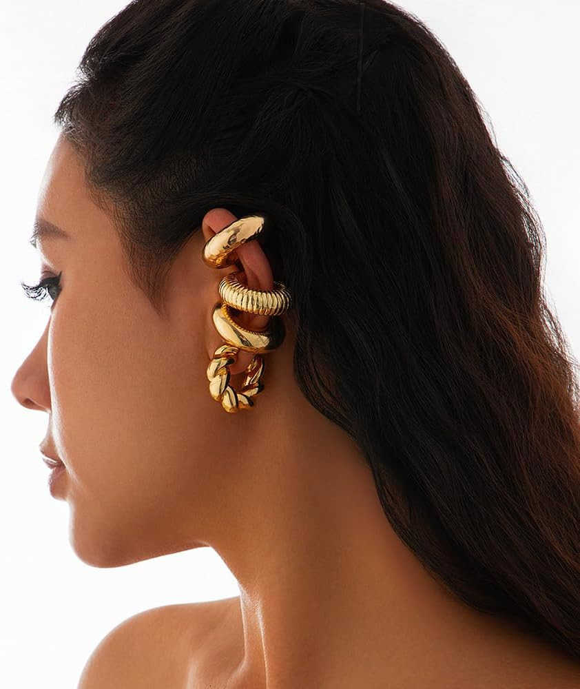 4 Pcs Chunky Ear Cuffs Non Piercing for Women 14K Gold Plated Clip On Cartilage Hoop Earrings Jewelry GiftsW250911