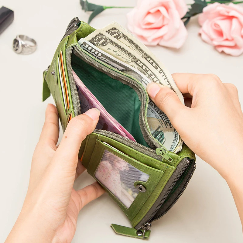 Contacts Womens Leather Wallet Small Bifold Compact Credit Card Case Purse for Ladies with Zipper Pocket Genuine Leather Wallet250906