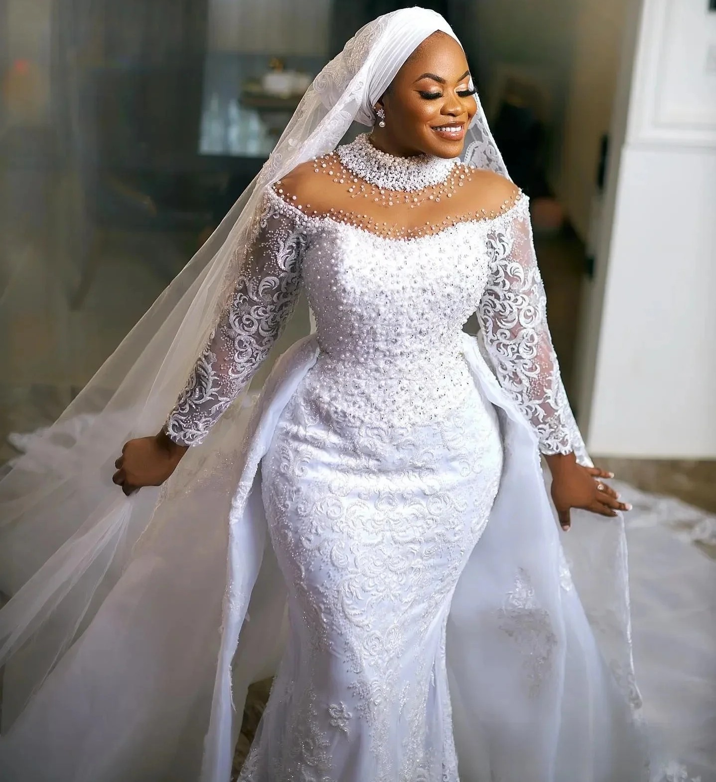 Plus Size Arabic African Wedding Dress Detachable Train High Neck Sequins Beads Lace Appliques Mermaid Bridal Gowns Vestidos De Novia