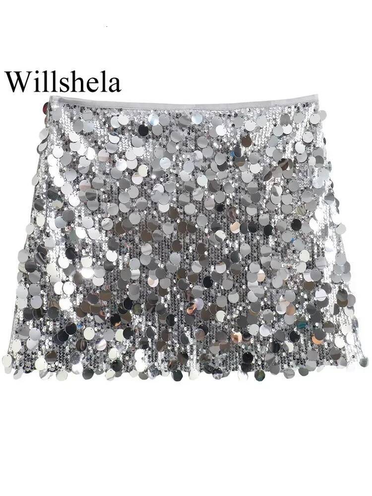 Willshela Women Fashion With Sequined Solid Side Zipper Mini Skirt Vintage High Waist Female Chic Lady Skirts dongdumaoyi