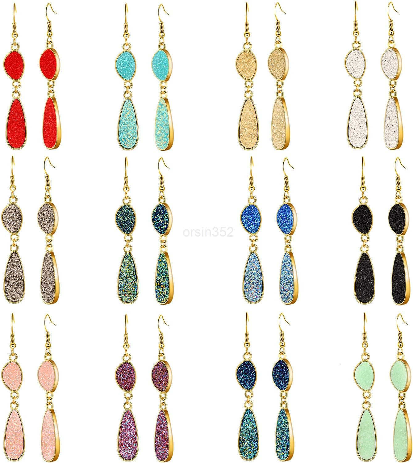 12 Pairs Faux Druzy Drop Earrings Crystal Pendant Dangle Multicolor Stainless Steel Earrings for WomenW250911
