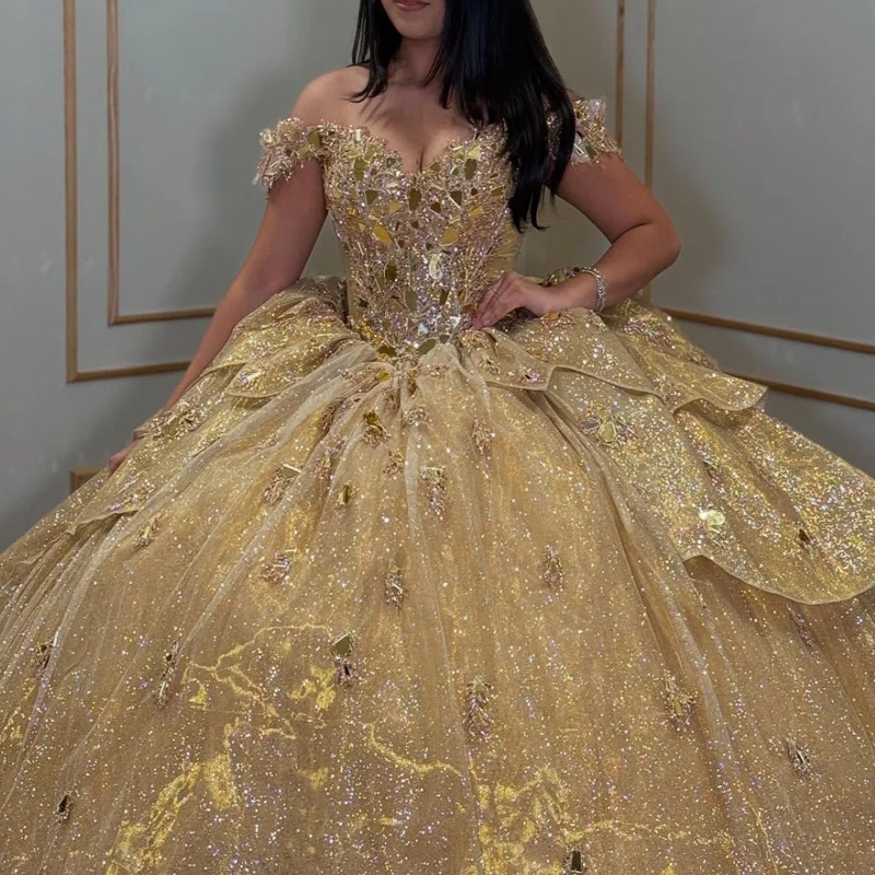 Gold Shiny Off The Shoulder Quinceanera Dresses Ball Gown Beading Crystal Bow Party Birthday Sweet 16 Dress Vestidos De 15 Anos