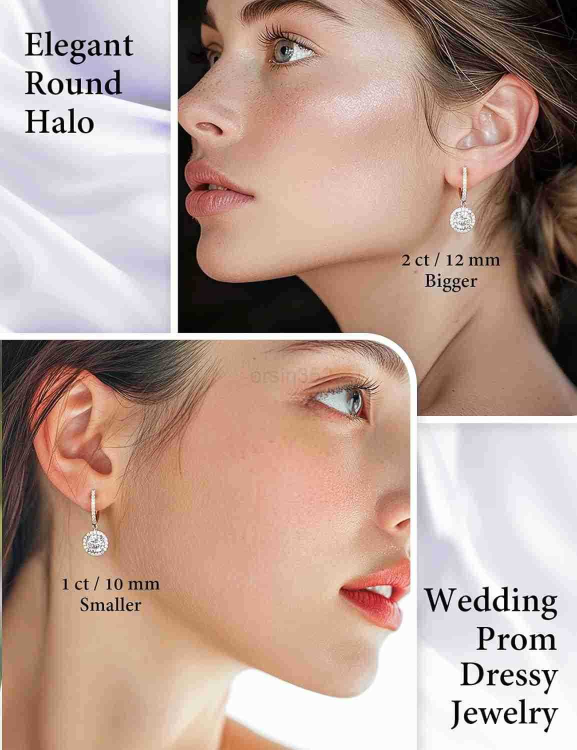 Round Cubic Zirconia Dangle Earrings for Women in White Gold Plated Cz Halo Design and Half Ball Ear Drops with Paved Simulated Diamond Lever Back and