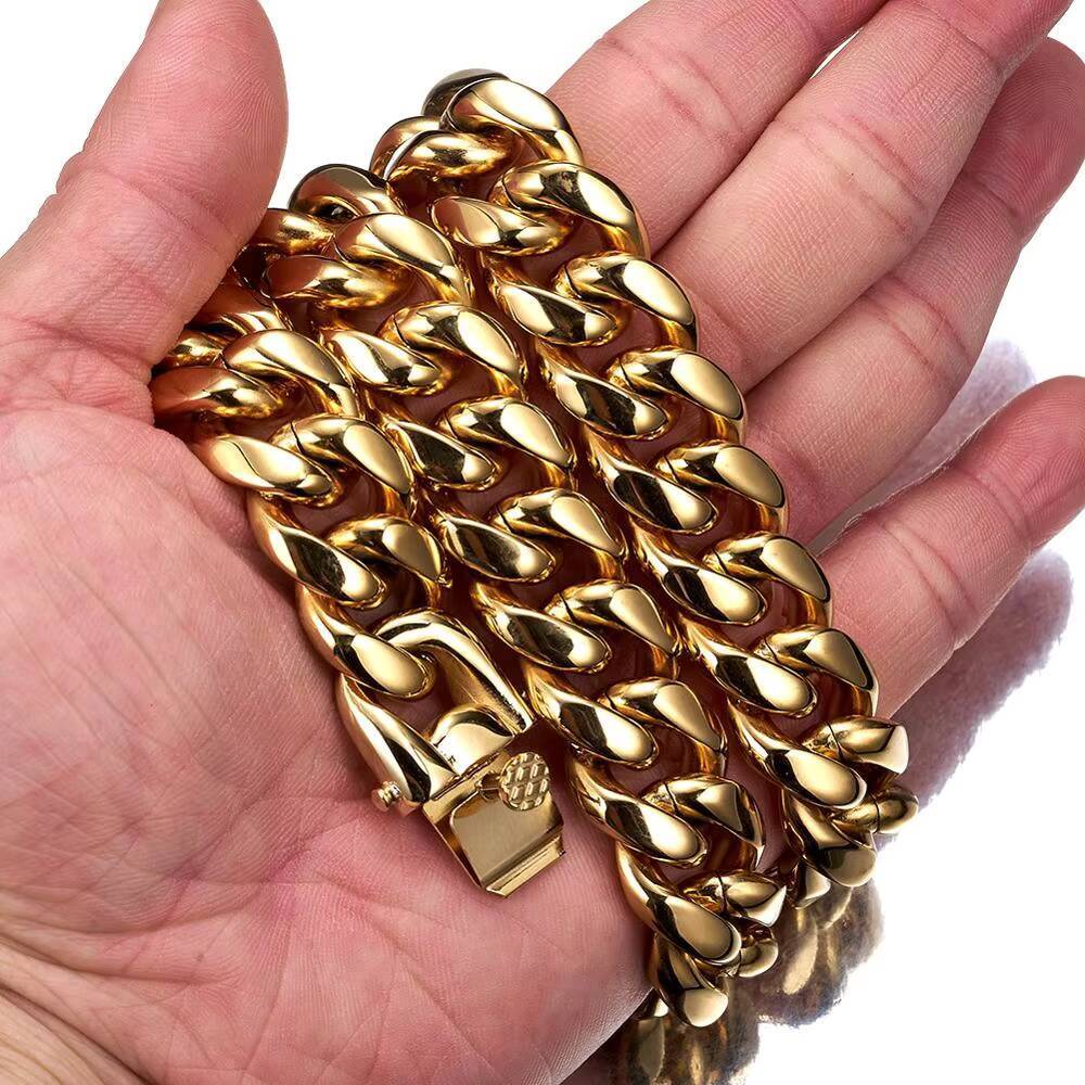 18MM HipHop PVD Plated Stainless Steel Miami Cuban Link Chain Gold Necklace for Men