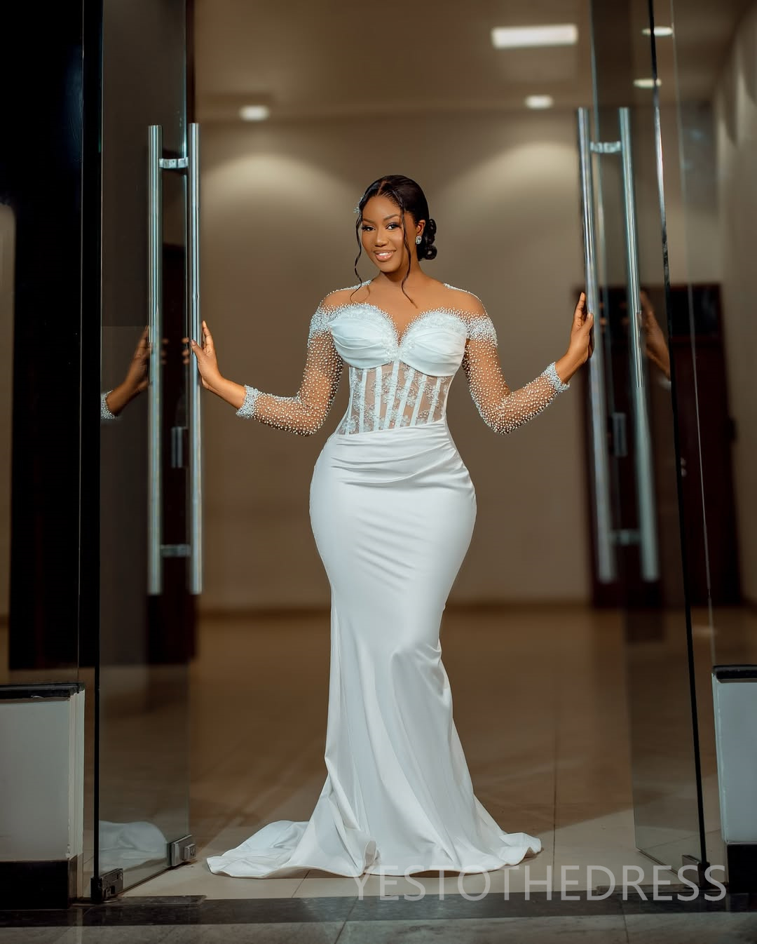 2025 Aso Ebi African Wedding Dress Bridal Gowns For Bride Mermaid Sheer Neck Illusion Beaded Lace Pearls Ruffles Appliqued Lace Wedding Gowns For Blac