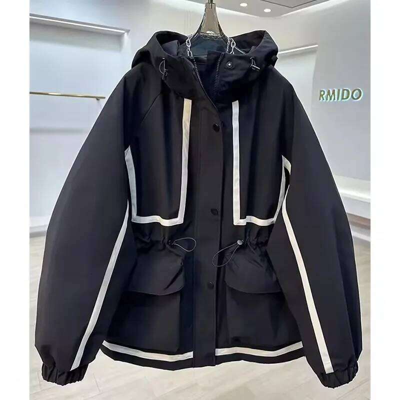 Fashion Hooded Ing Contrast Jacket Women's 2025 New Spring Autumn Waistband Leisure Loose Short Trench Coat Female