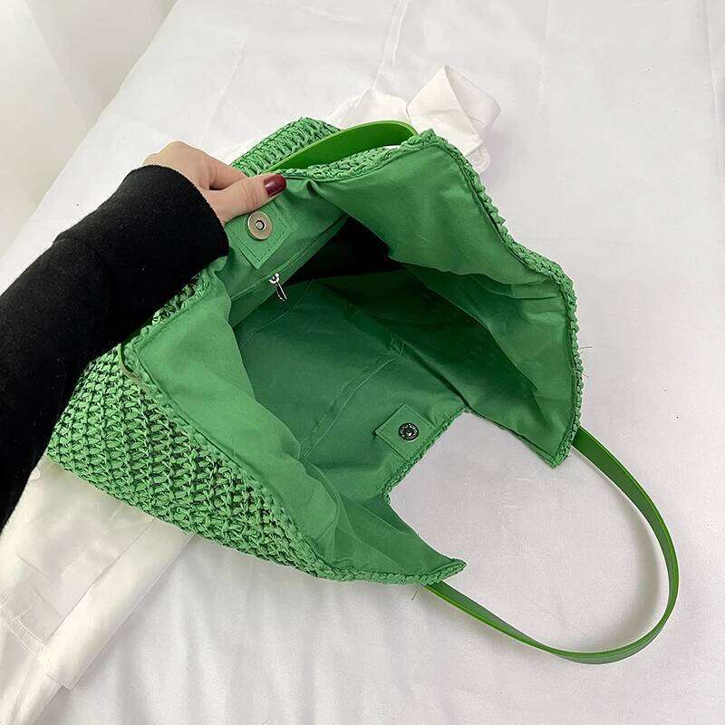 Green Design Straw For Women 2023 New Large Capacity Beach Summer Handmade Rattan Woven Shoulder Bag Female Handbag