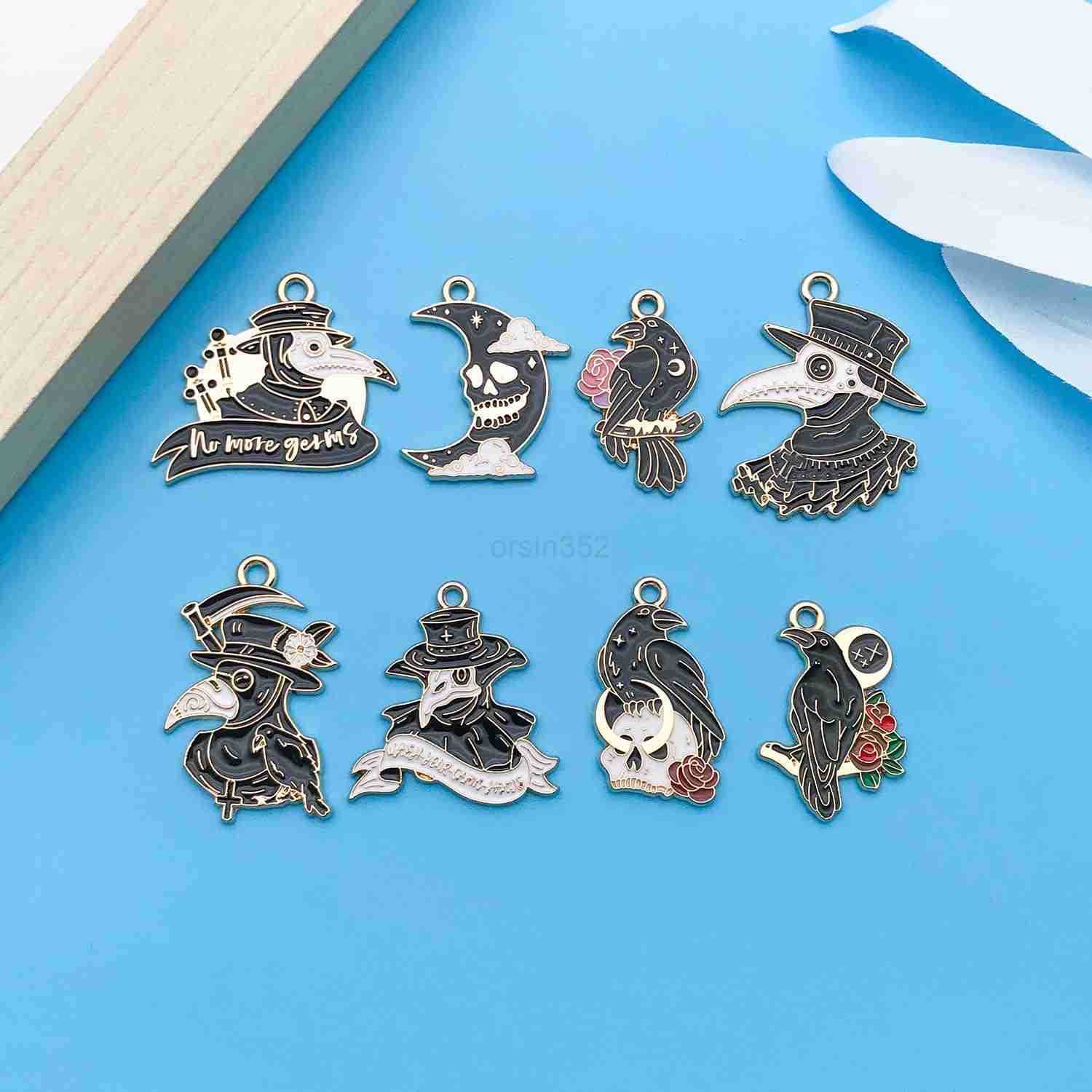 24Pcs Alloy Drip Oil Halloween Crow Series Pendant Jewelry Making DIY Keychain Earrings Pendant Various Design Charms for Jewelry Making s NecklaW2509