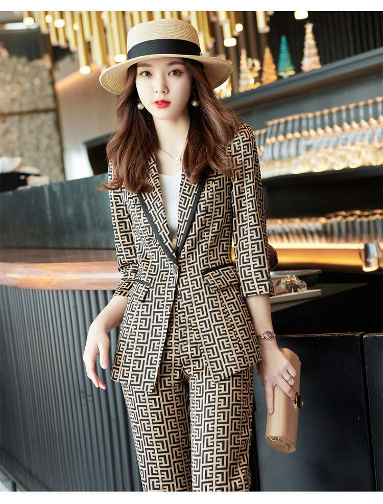 Plaid Casual Women's Suit One Button Blazer And Straight Leg Trouser Pants Sets 2 Piece for Office Lady Chic Women Business Set
