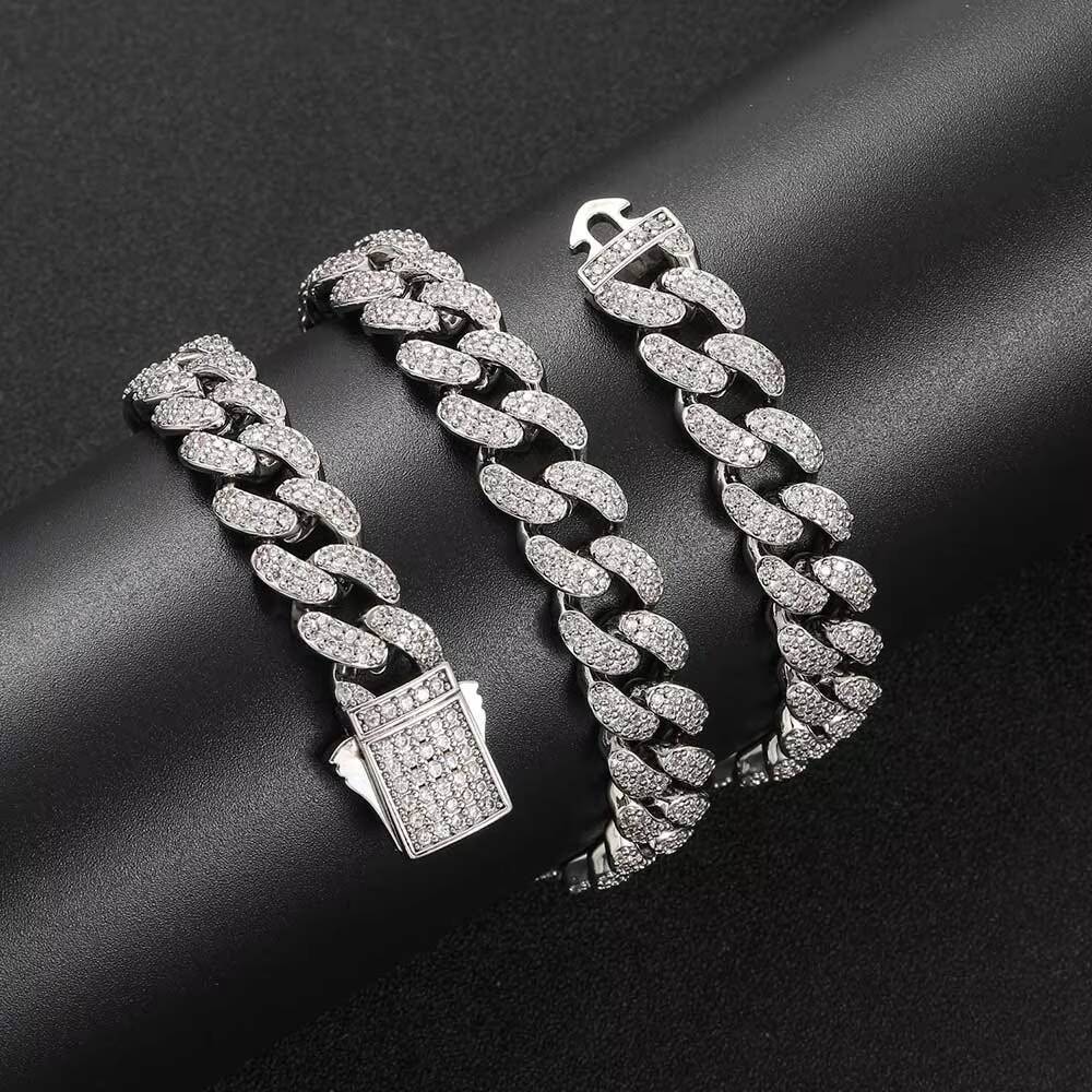 Hip Hop 12mm TwoRow Diamond Cuban Link Necklace White Gold Plated Brass Iced Out CZ Miami Cuban Chain Fine Jewelry for Women