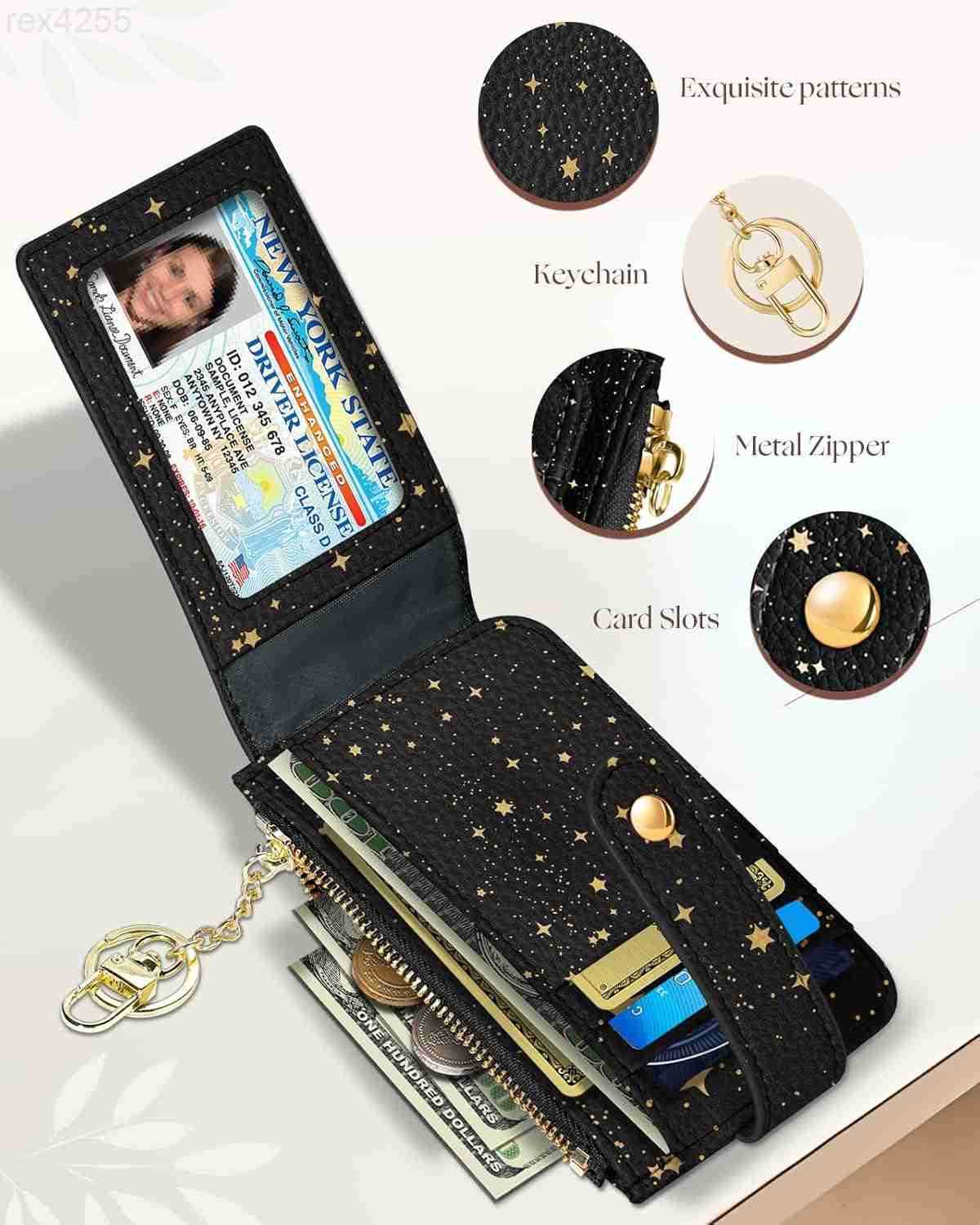 Cute Card Wallet Women Small Wallets with Keychain Sun Moon RFID Credit Cardholder Aesthetic Fashion Design Coin Purse for Female Ladies Teen GirlsW25