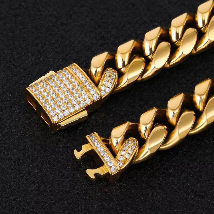 12mm Bling CZ Diamond Buckle Bracelet Necklace Women Jewelry Mens Heavy 18K Gold Plated Stainless Steel Miami Cuban Link Chain
