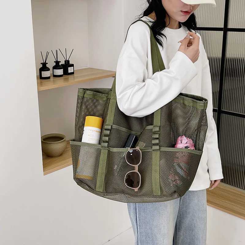 Oversized Shoulder Tote Bags For Women Mesh Fabric Hollowout Multipocket Big Capacity Shopper Beach Handbags 2024 Summer W250911