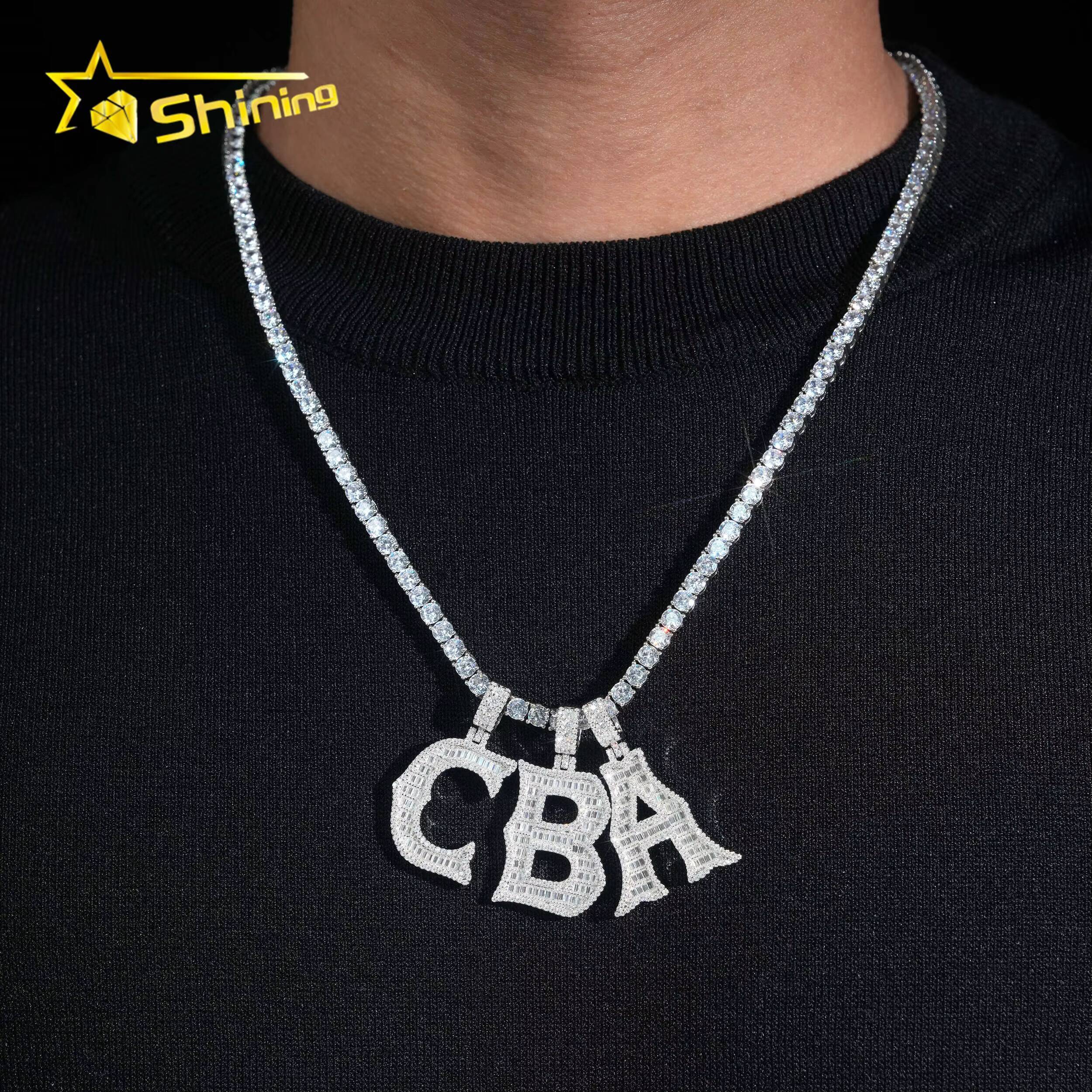 Pass Diamond Tester Baguette 925 Silver Hip Hop Bling Iced Out Moissanite A B C Letter Pendant