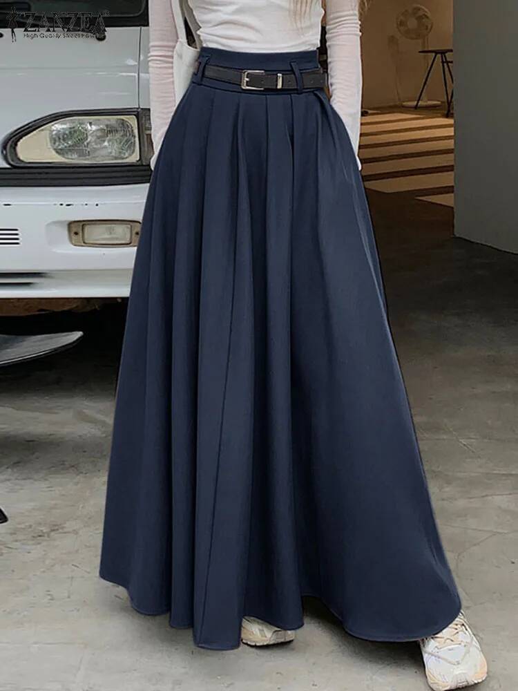 ZANZEA Women High Waist Jupe 2025 Autumn Vintage Office Falda Korean Fashion Pleating Swing Holiday Loose Solid Maxi Skirt dongdumaoyi