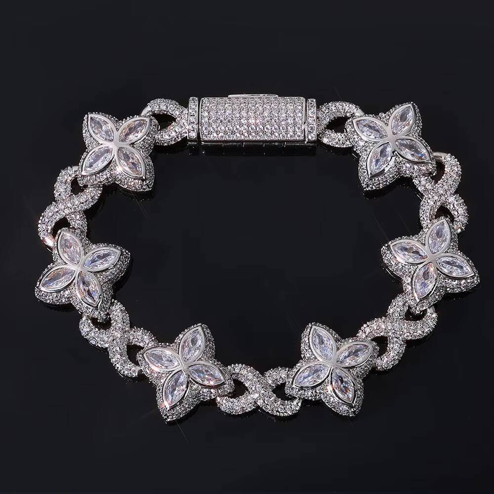 Hip Hop 19mm Four Clover Bracelet 18k Gold Plated Iced Out Green Blue Black Zircon Clover Bracelet Chain for Women and Women