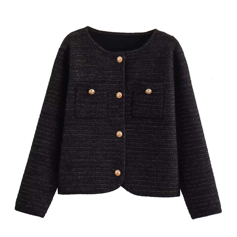 DHEssentials 2025 Autumn New French Style Chanel-inspired Thread Horizontal Stripes Pocket Gold Button Round Neck Knitted Sweater Jacket