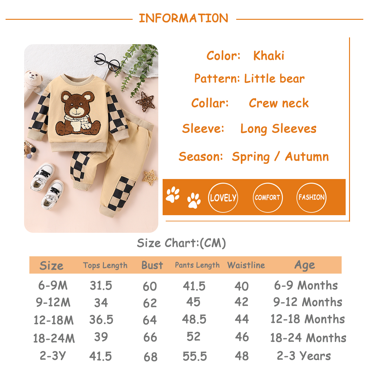 2-piece set of fashionable baby boys' cartoon bear 3D embroidered ribbed round neck patchwork plaid long sleeved hoodie and pants set for autumn 